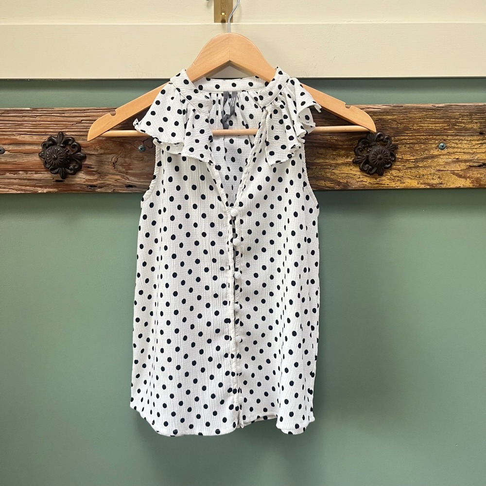 Anthropologie Polka Dot Ruffle Neck Sleeveless Button Front Blouse White XS